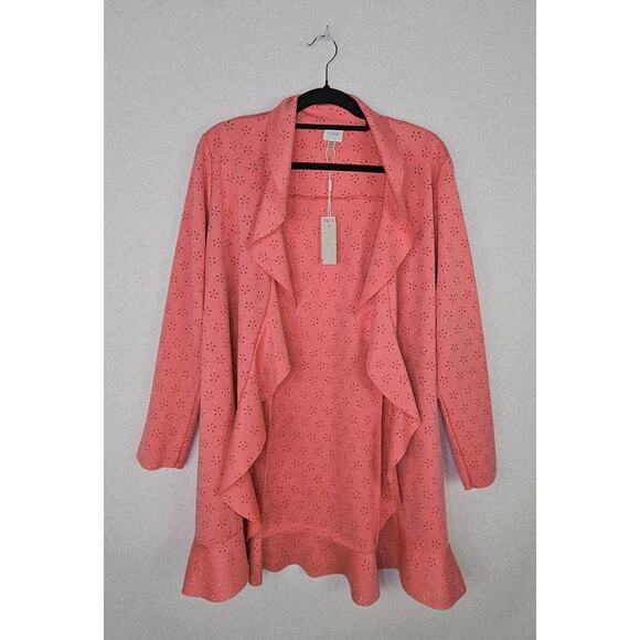 New Cupio Peach Solid Ruffle Scuba Floral Eyelet Open Front Blazer Jacket Large - Picture 8 of 15